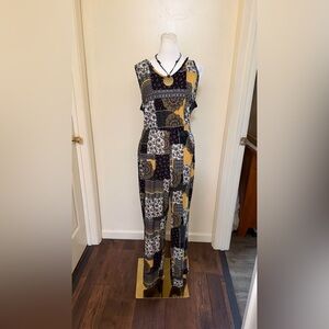 Women’s Mixed-Print patchwork Sleeveless Jumpsuit in Mustard & Black